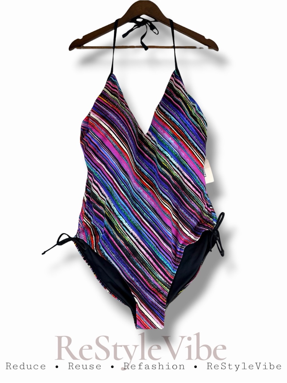 SWIMSUITS FOR ALL Women’s Size 16 Swimsuit One Piece Halter Striped Lined NWT